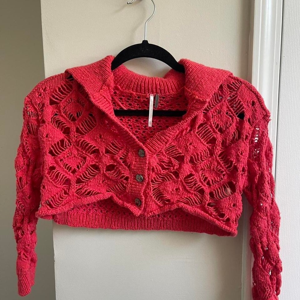 Free People Pink Red Open Knit Cropped Cardigan Button Front Collared Sweater XS